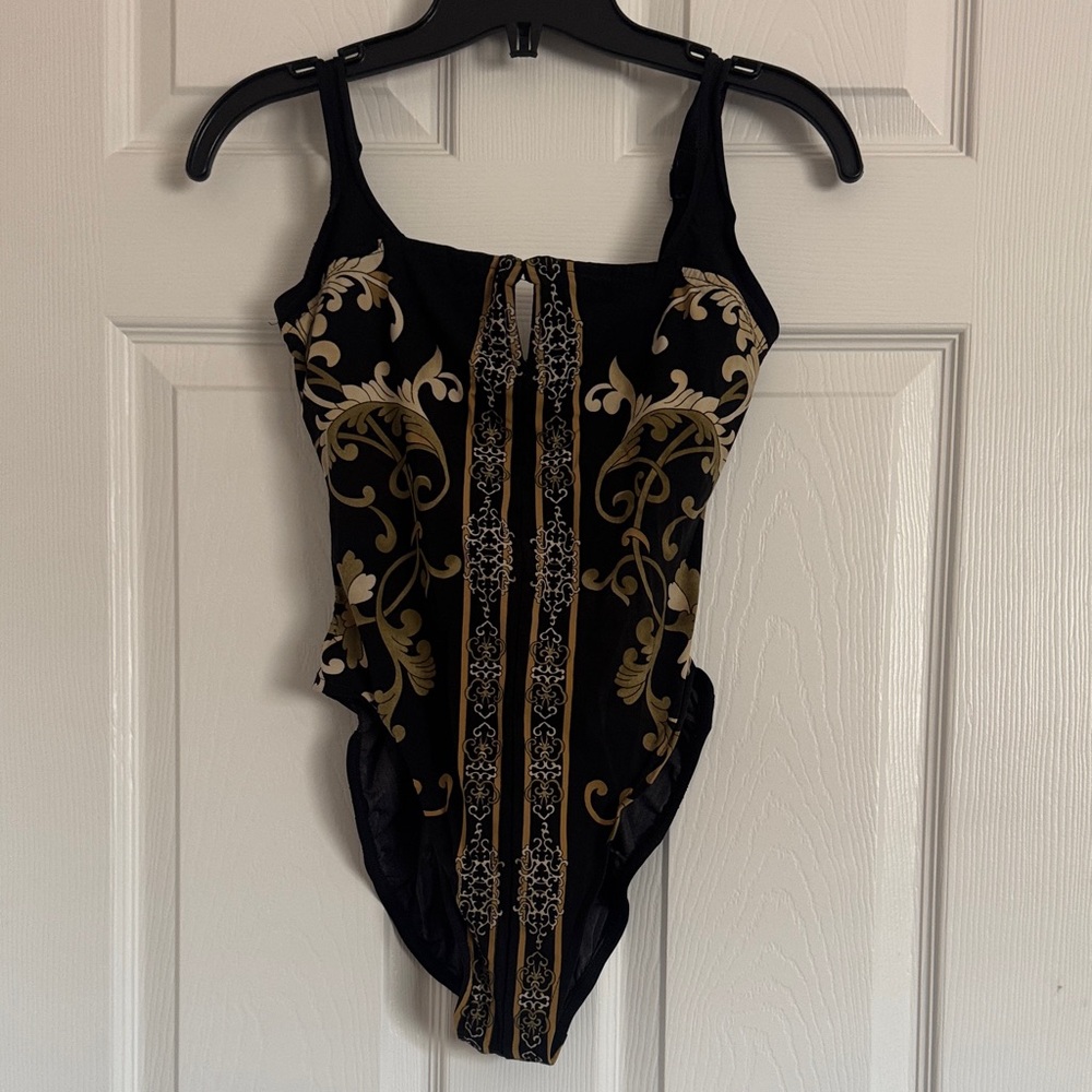 Elegant Black Swim Bodysuit with Gold Floral Print
